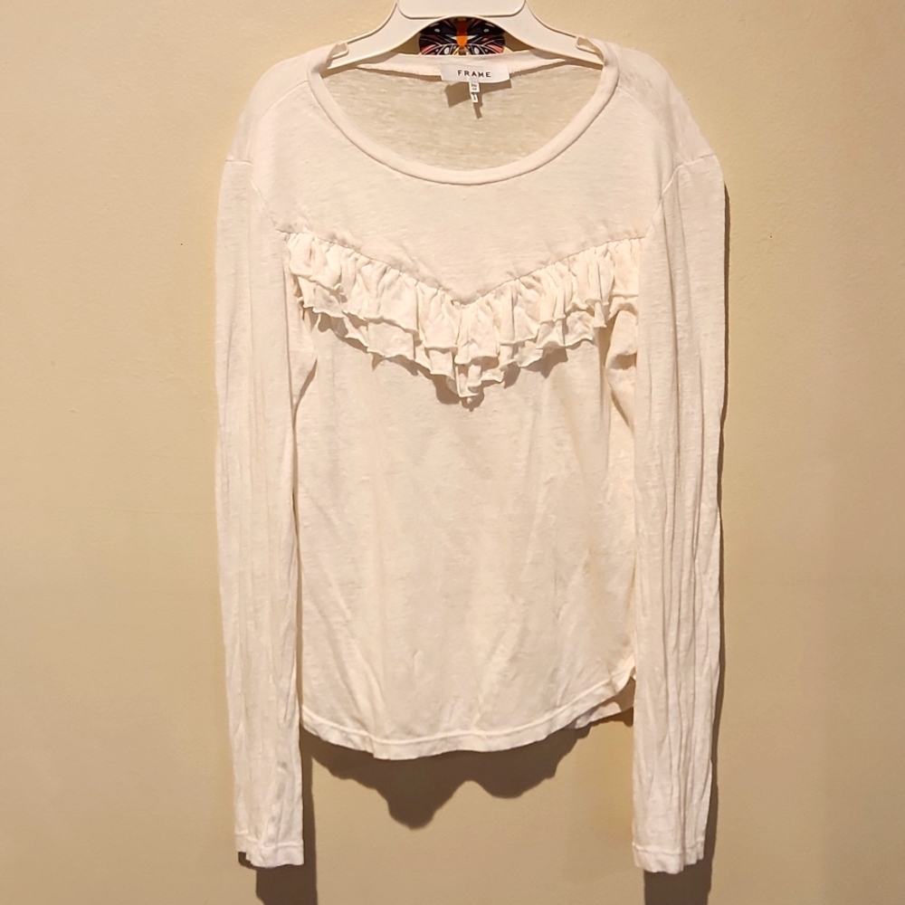 ❤ FRAME DENIM LINEN LONG SLEEVE RUFFLE TOP IN BLANC / WHITE, XS - Picture 2 of 7